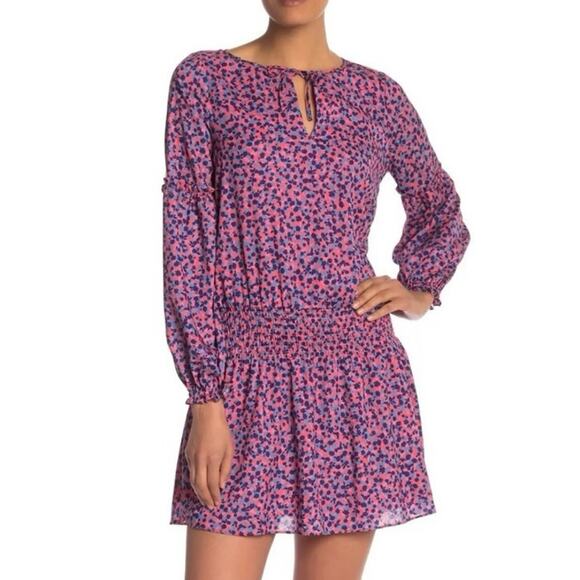 Parker Floral Smocked Waist Keyhole Mini Dress in Dahlias Print, Size XS - Picture 1 of 13